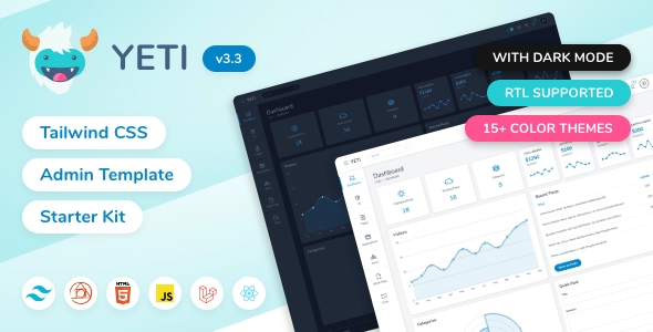 Yeti - Tailwind CSS - Modello di amministrazione HTML, HTML + Laravel e React