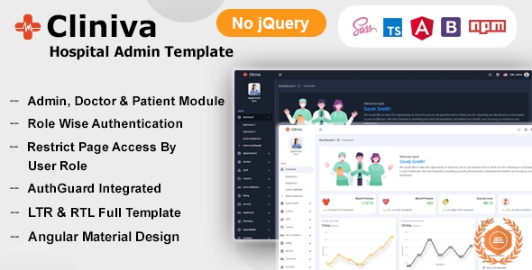 Cliniva Hospital - Modèle de tableau de bord d'administration médicale angulaire 15+ pour les médecins et les cliniques