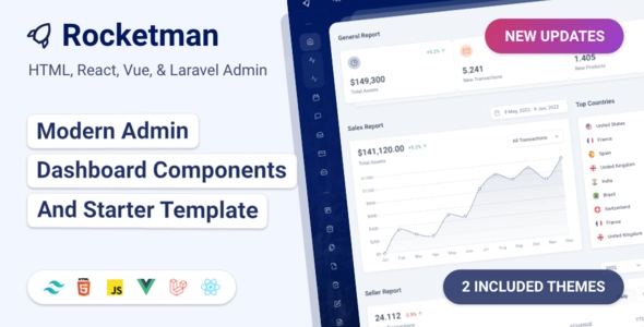 Rocketman - Tailwind CSS React 18+, Vuejs 3, HTML & Laravel 9 Admin Dashboard Template