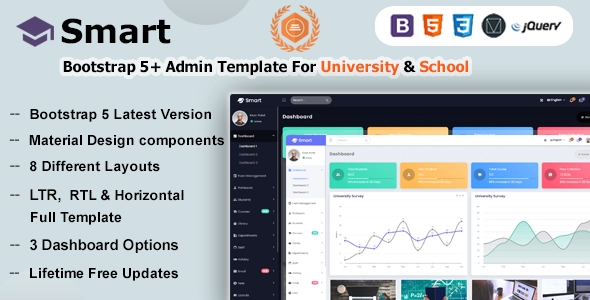 Smart - Plantilla de panel de administración de diseño de materiales de Bootstrap 5 para universidades, escuelas y facultades